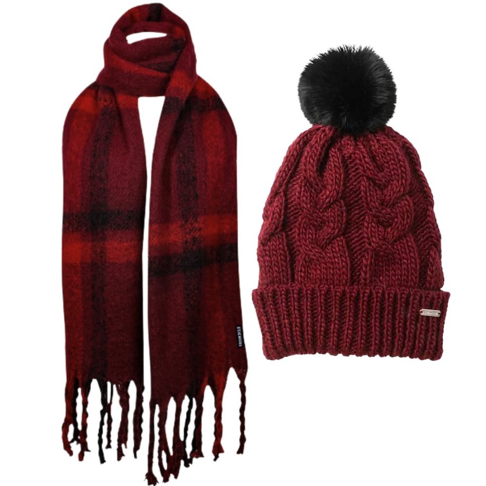 Steve Madden Women's Burgundy Plaid Scarf & Cable Knit Pompom Beanie Hat Set
